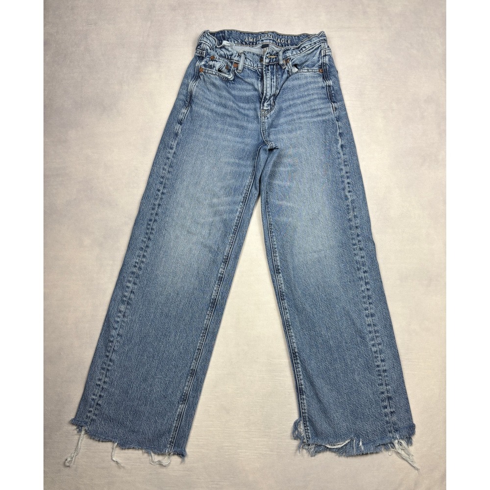 American Eagle Real Good Wide Leg Jeans Light Wash Raw Hem 000 Regular 4226
